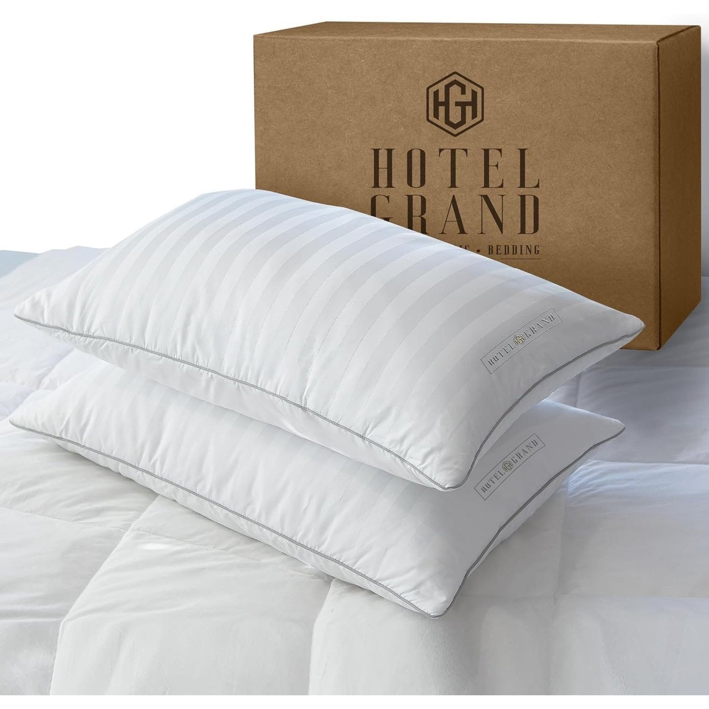 Hotel Collection Feather Down Bed Pillows Set of 2, 500 Thread Count 100% Cotton for Entryways, Bedrooms and Living Spaces