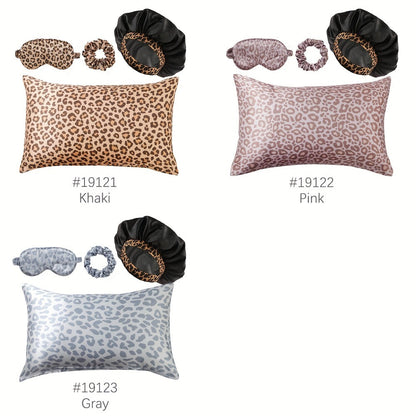 Leopard Print Pillow Covers Set of 4 with Sleep Mask and Headband Machine Washable Polyester Woven Fabric Travel Bedroom Decorative
