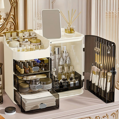 Makeup Organizer with 3 Drawers and Mirror – Large Capacity Cosmetic Storage Box Vanity Organizer for Skincare Contact Lens Display Case