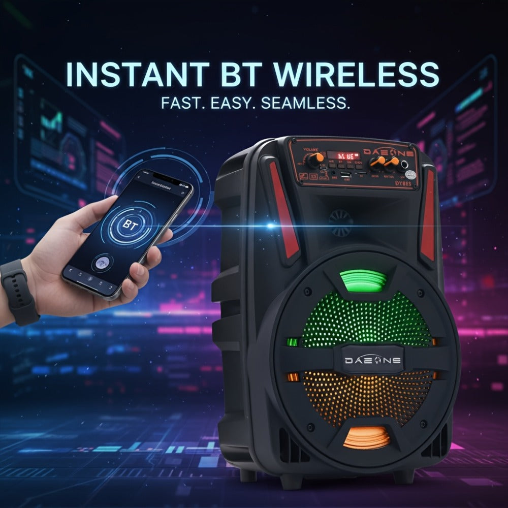 1000W Portable Party Speaker with 8-Inch Woofer, Karaoke Microphone, RGB Lights, Bluetooth, FM, USB & TWS