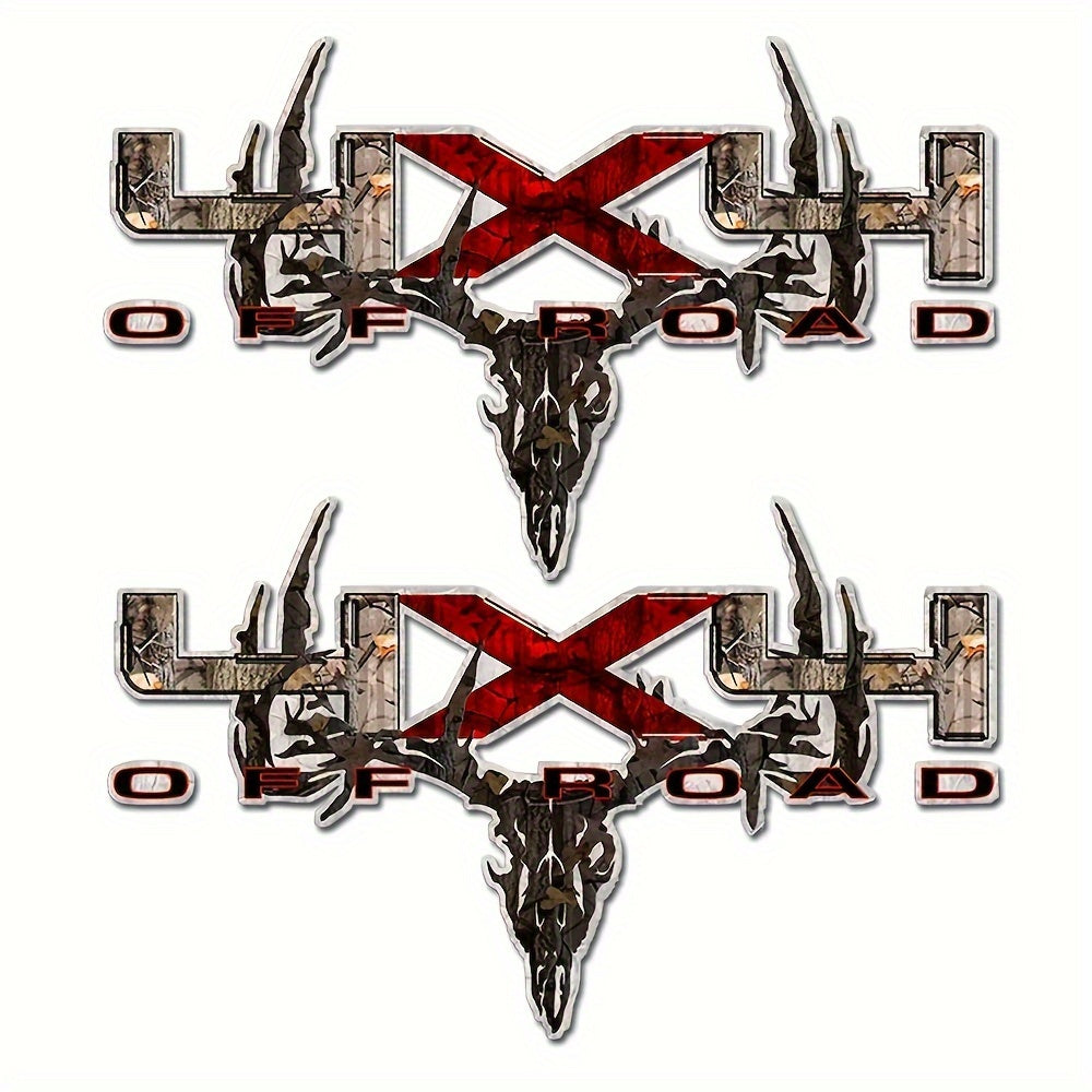Two-Piece Hunting Skull Truck Decal Set with Antlers, Crossed Arrows and Red Center Accent