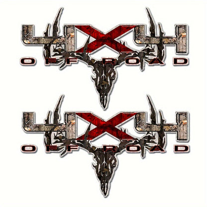 Two-Piece Hunting Skull Truck Decal Set with Antlers, Crossed Arrows and Red Center Accent