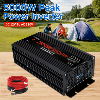 Black or Red 12V DC to 110V AC Power Inverter with 500W or 2500W Model Options, Display and USB Port
