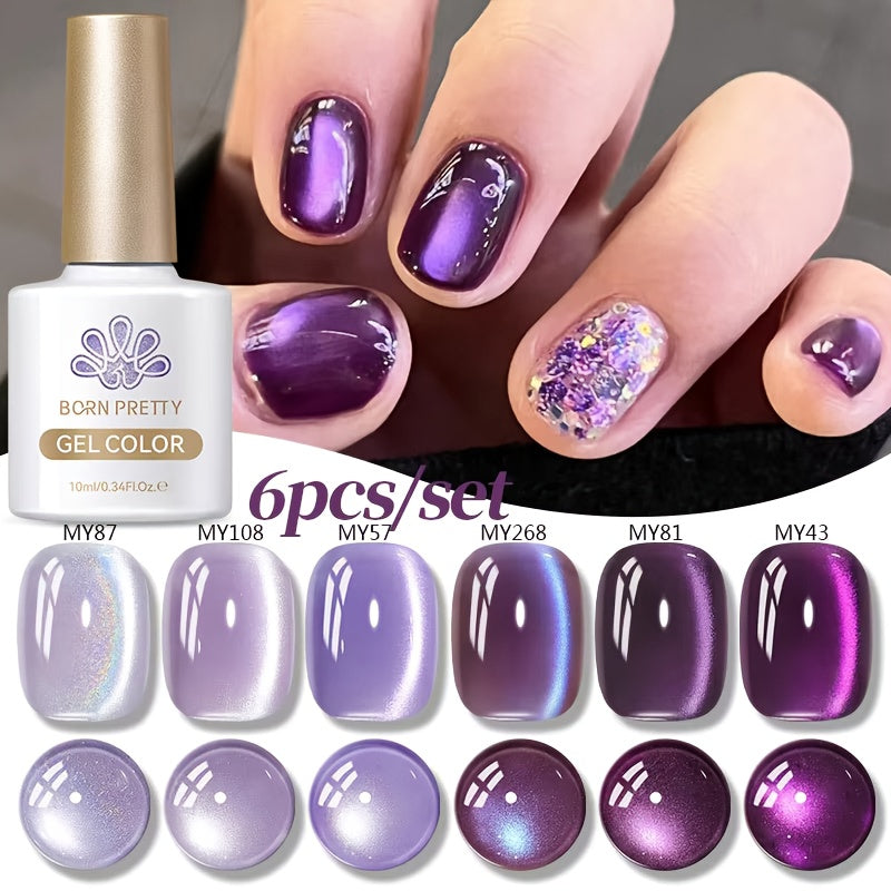 Gel Nail Polish 6-Color Purple Magnetic Cat-Eye Set in 10ml Bottles with Ultra-Bright Shimmer and UV/LED Soak-Off Cure