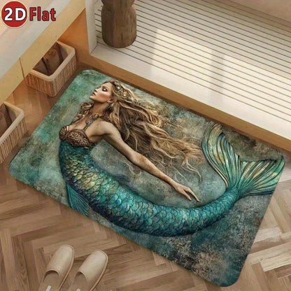 Mermaid Print Rectangular Bath Mat with Teal Ocean Artwork and 31 × 20 Inch Size for Bathroom Floor Decor