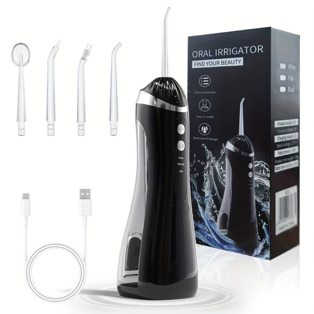 Water Flosser Portable Three-Mode Oral Irrigator with Brush Head Attachment, USB Charging and White, Black or Pink Options