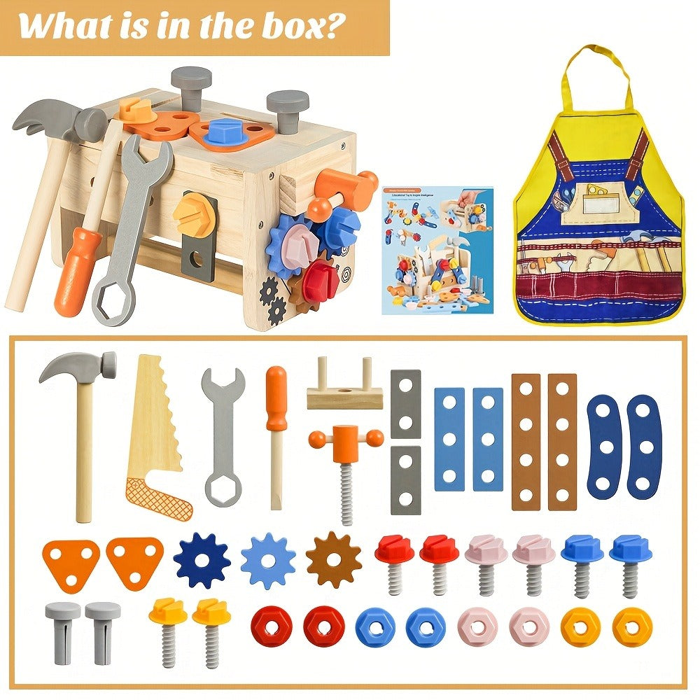 39-Piece Wooden Pretend Tool Set with Vest, Toolbox, Instruction Sheet and Six Example Builds