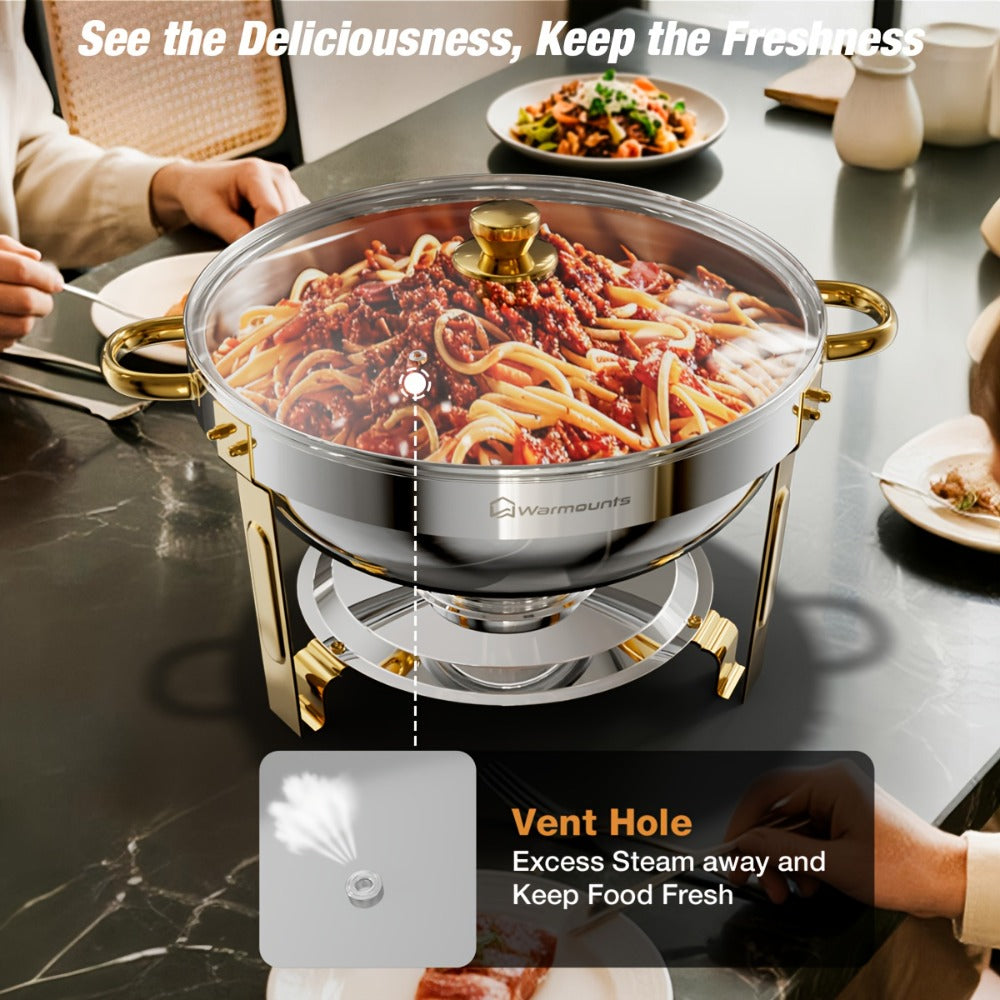 Gold Chafing Dishes Buffet Set 5QT Round Stainless Steel Food Warmer with Glass Lid Lid for Entryways, Bedrooms and Living Spaces