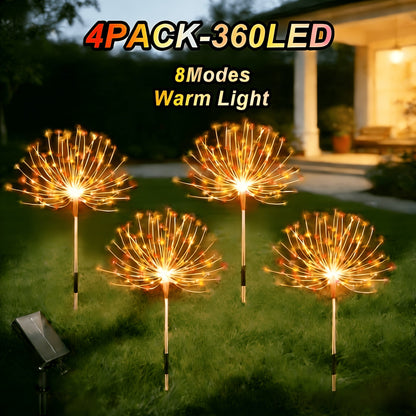 Solar Garden Lights Firework Stakes with 240/360/480 LEDs, 8 Modes, 4/8 Packs and Three Colors