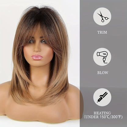 Wig Long Straight Layered Style in Dark Brown, 18-Inch Synthetic Fiber with Bangs and Rose Net Cap