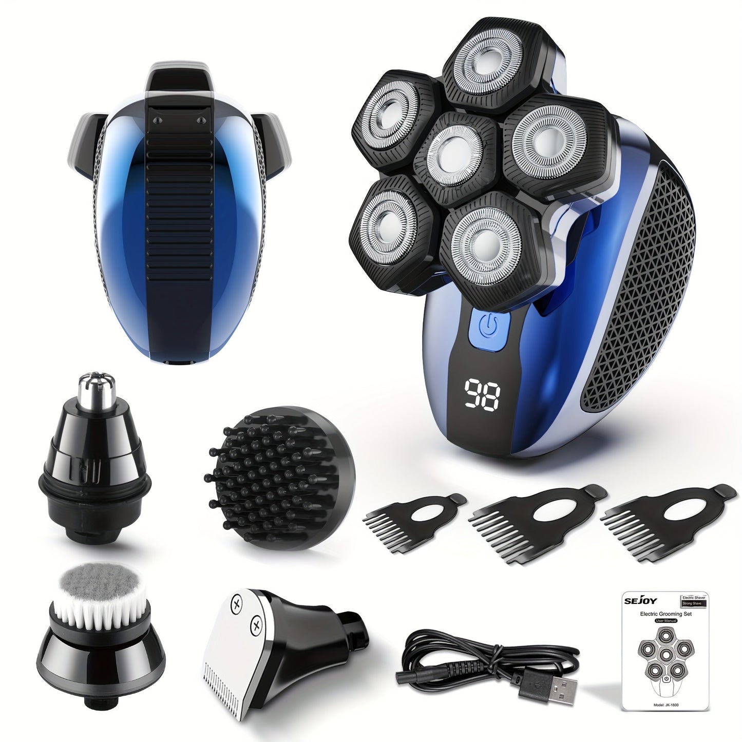 Electric Head Shaver for Bald Men 7D 7 Floating Heads – All-in-One Grooming Kit with Nose Hair Trimmer & Facial Cleaning Brush
