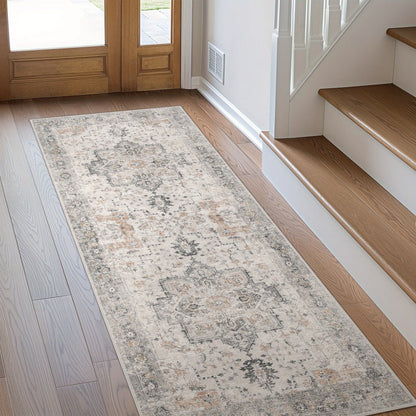 Runner Rug Machine Washable Non-Slip Vintage Hallway Area Rug Low Pile Lightweight Boho Floral for Entryway Kitchen Corridor Light Taupe