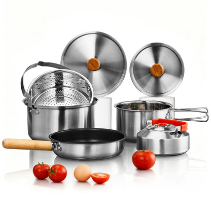 Camping Cookware Set, 19- or 27-Piece Coated Aluminum Mess Kit with Pot, Pan, Kettle, Cups, Plates and Cutlery