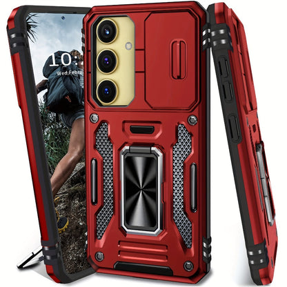 Samsung Galaxy Shockproof Magnetic Phone Case with 360° Rotating Ring Bracket & Sliding Lens Protector – Heavy Duty Cover for S24FE S23FE