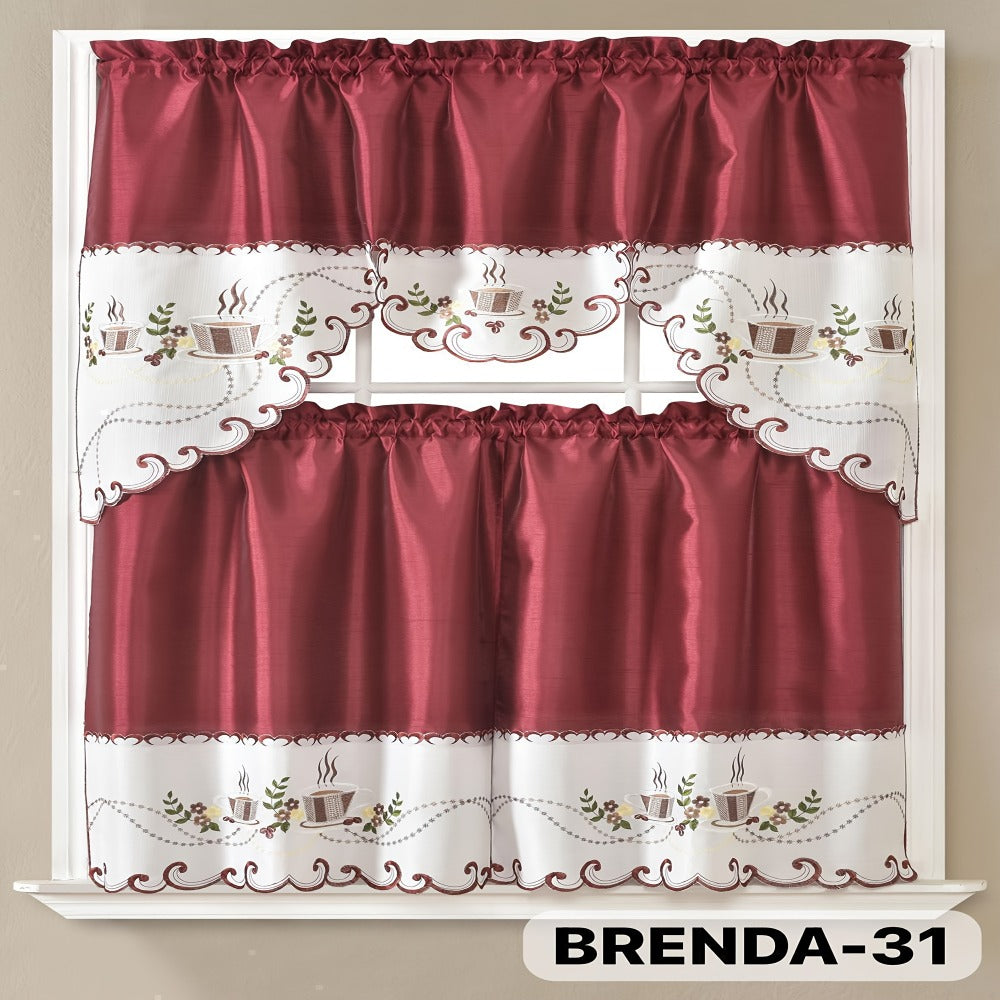 Kitchen Curtains 3 Piece Set Embroidered Satin Valance and Tiers – Rod Pocket Light Filtering Machine Washable 46 Colors