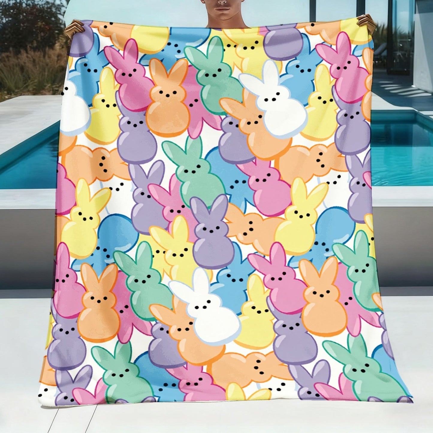 Pastel Rabbit Print Throw Blanket with Repeating Multicolor Bunny Design in Four Rectangular Size Options