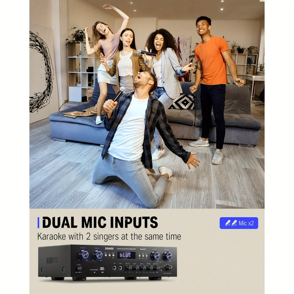Donner 4-Channel Home Stereo Receiver Amplifier with USB SD FM Radio, Dual Mic Input Echo, RCA