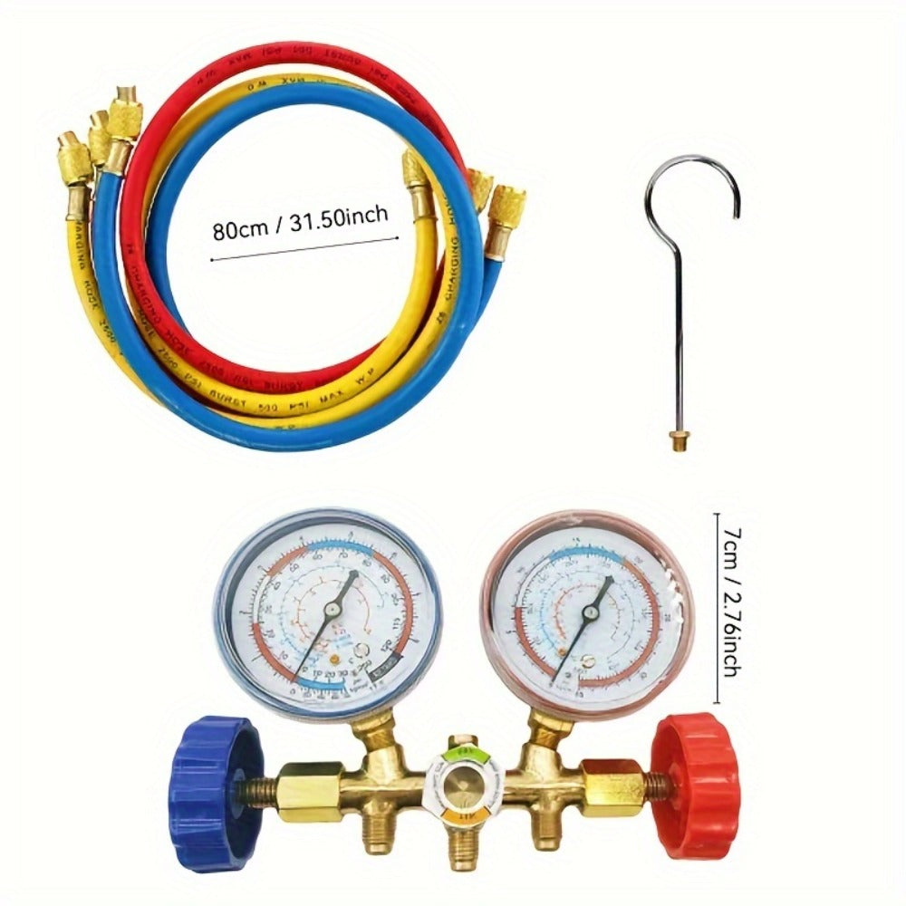 AC Manifold Gauge Set 3-Way with Color-Coded Hoses & Adapters for R134A R22 R12 R404A – HVAC Diagnostics A/C Recharge Leak Detection 0-500