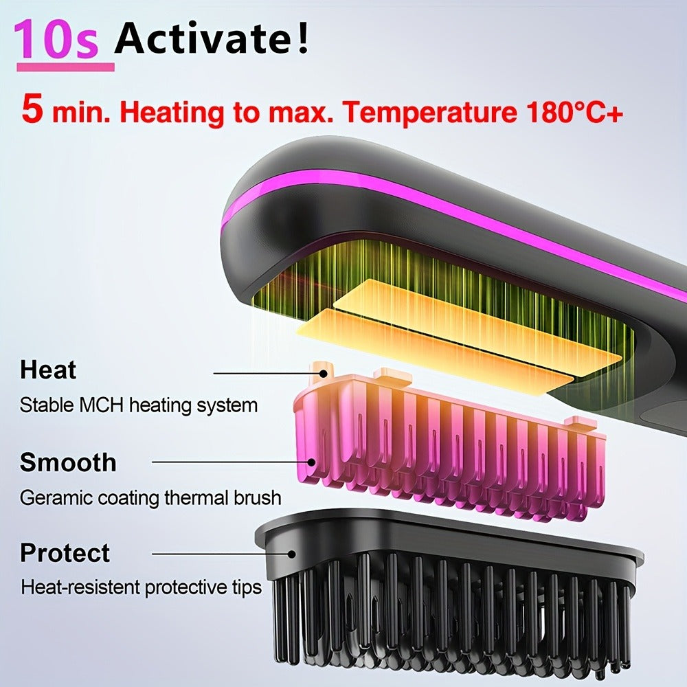 Cordless Hair Straightener USB Rechargeable - 3 Temperature Controls, LED Display, Shine, Travel Flat Iron with Comb & Clips