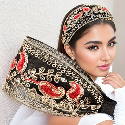 Lace Sequin Flower Headbands for Women 2pcs Wide Non-Slip Boho Retro Embroidered Hair Hoops for Daily Wear Spring Summer Wedding Party Chic