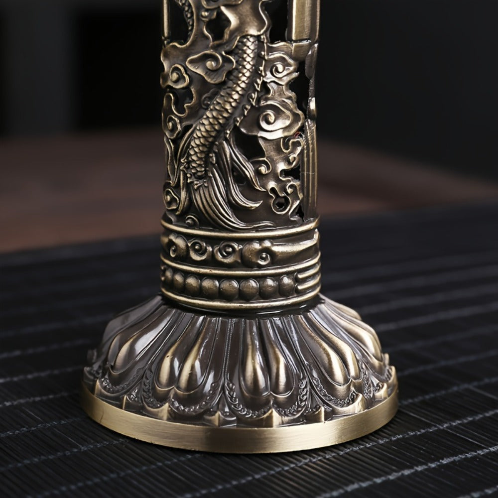 Incense Stick Holder Metal Retro Vertical Design, Dragon & Phoenix Heart Sutra Motif Brass Incense Burner Stand