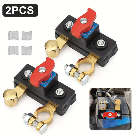 Two-Piece Battery Disconnect Switch Set with Red Rotary Levers and Clamp-Style Terminal Connections