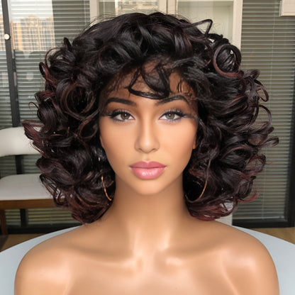 Synthetic Wig 14-Inch Jerry Curls with Wispy Bangs and 13x1 Lace Front in Three Colors for Daily Styling
