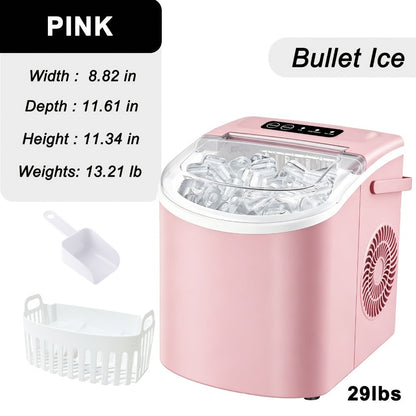 Ice Maker with Basket & Scoop, /Day Countertop Bullet Ice Machine, 9 Cubes in 6 Mins, Self-Cleaning