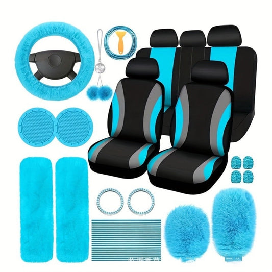 Car Interior Accessories Set for Women 45-Piece – Plush Steering Wheel Cover, Seat Cushion & Pendant, Universal Fit All Seasons