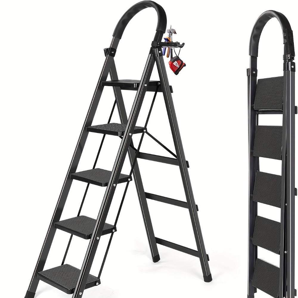 Folding Step Ladder 3 / 4 / 5 Step with Anti-Slip Pedal & Tool Tray, Portable Steel Step Stool for Adults