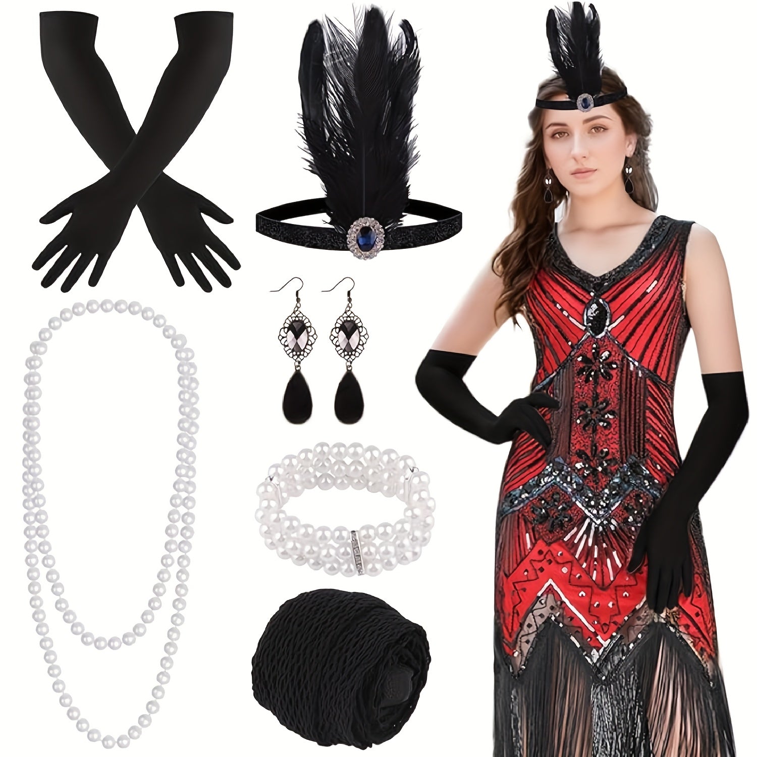 Flapper Dress - with Accessories Set 1920s Sequin Fringe Great Gatsby Costume Women V Neck - product detail view 15