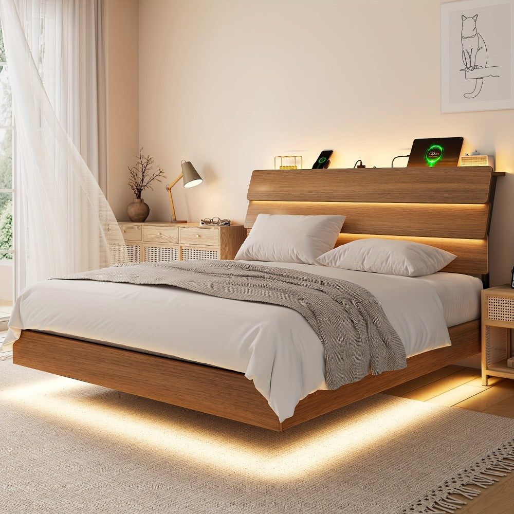 Floating Heavy-Duty Bed Frame with Charging Station and LED Lighting for Bedroom detail image - detail view 13