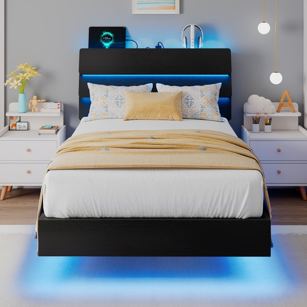 Floating Heavy-Duty Bed Frame with Charging Station and LED Lighting for Bedroom detail image - detail view 3