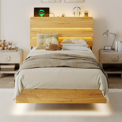 Bed Frame, Floating with LED Lights Built-In Charging Station Wooden Headboard Heavy-Duty shown in the main product view