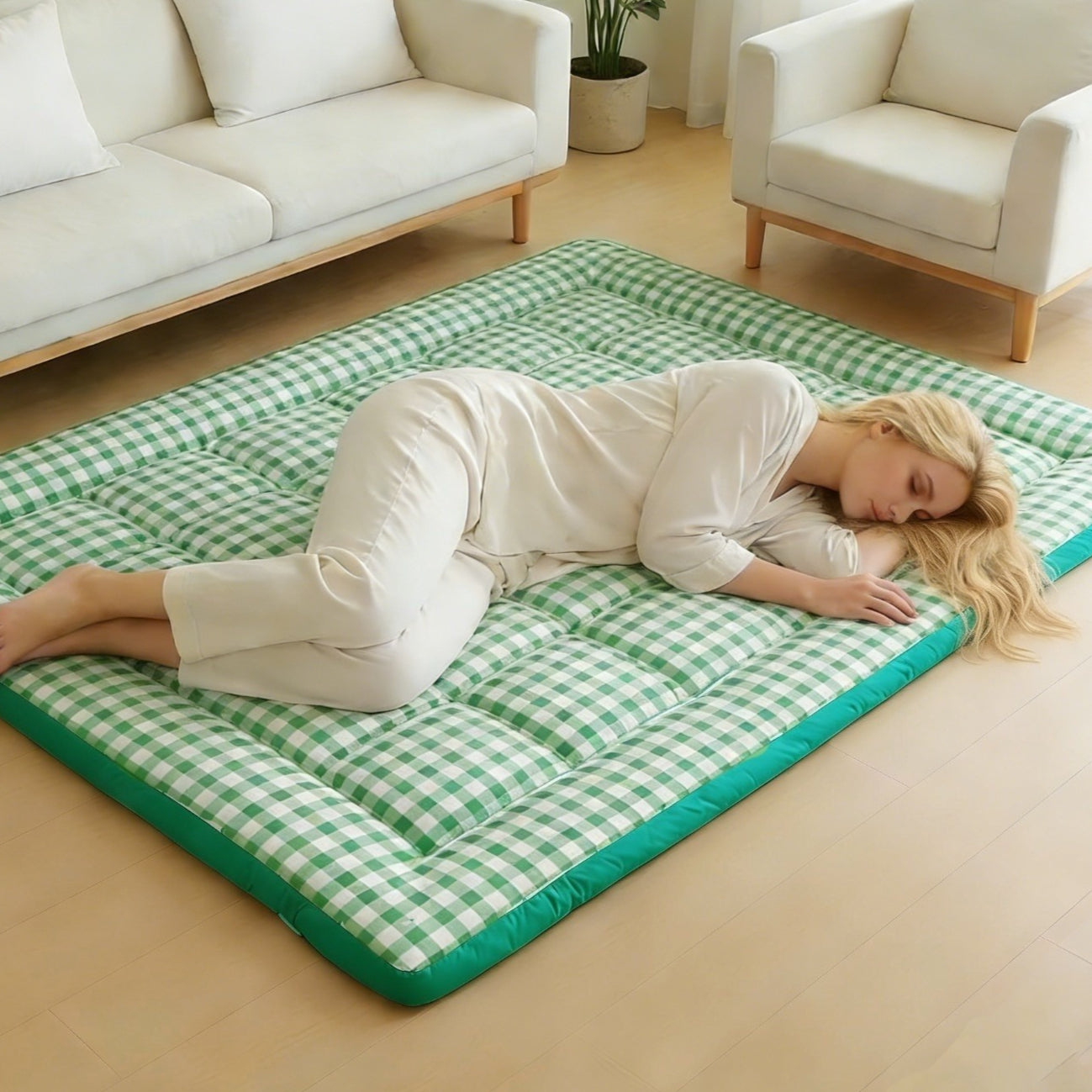 Floor Mattress shown in the Green, Queen option
