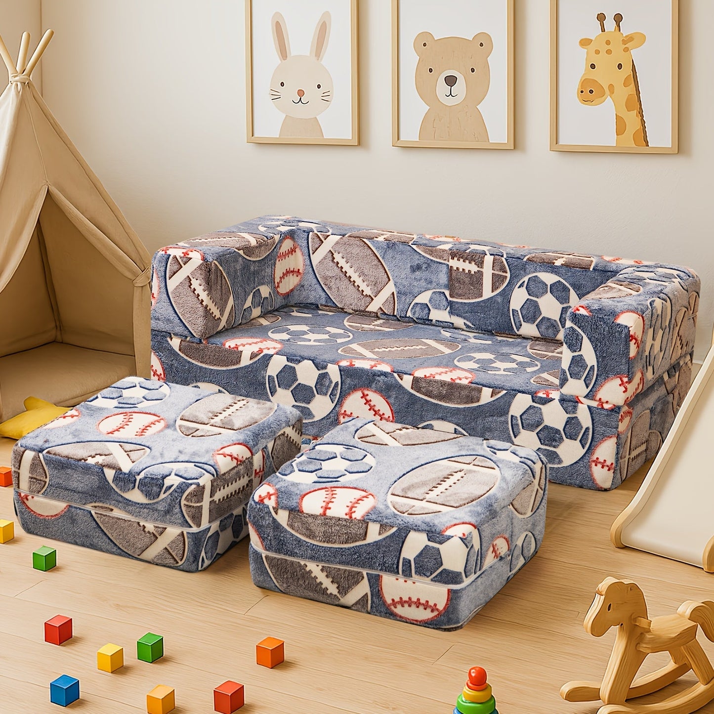 Sofa Bed shown in the Blue Football option