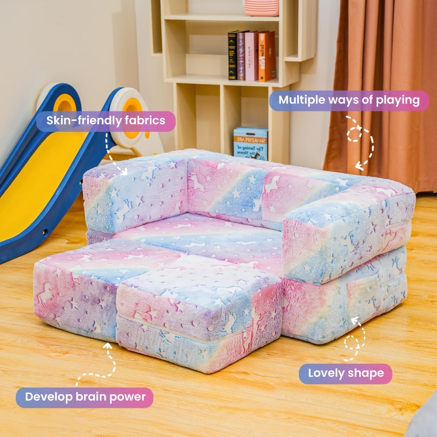 Sofa Bed shown in the Rainbow Unicorn option