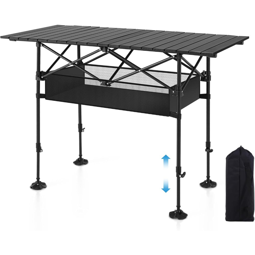 Folding Camping Table shown in the Upgrade Table, Height Adjustable + Mesh Pocket option