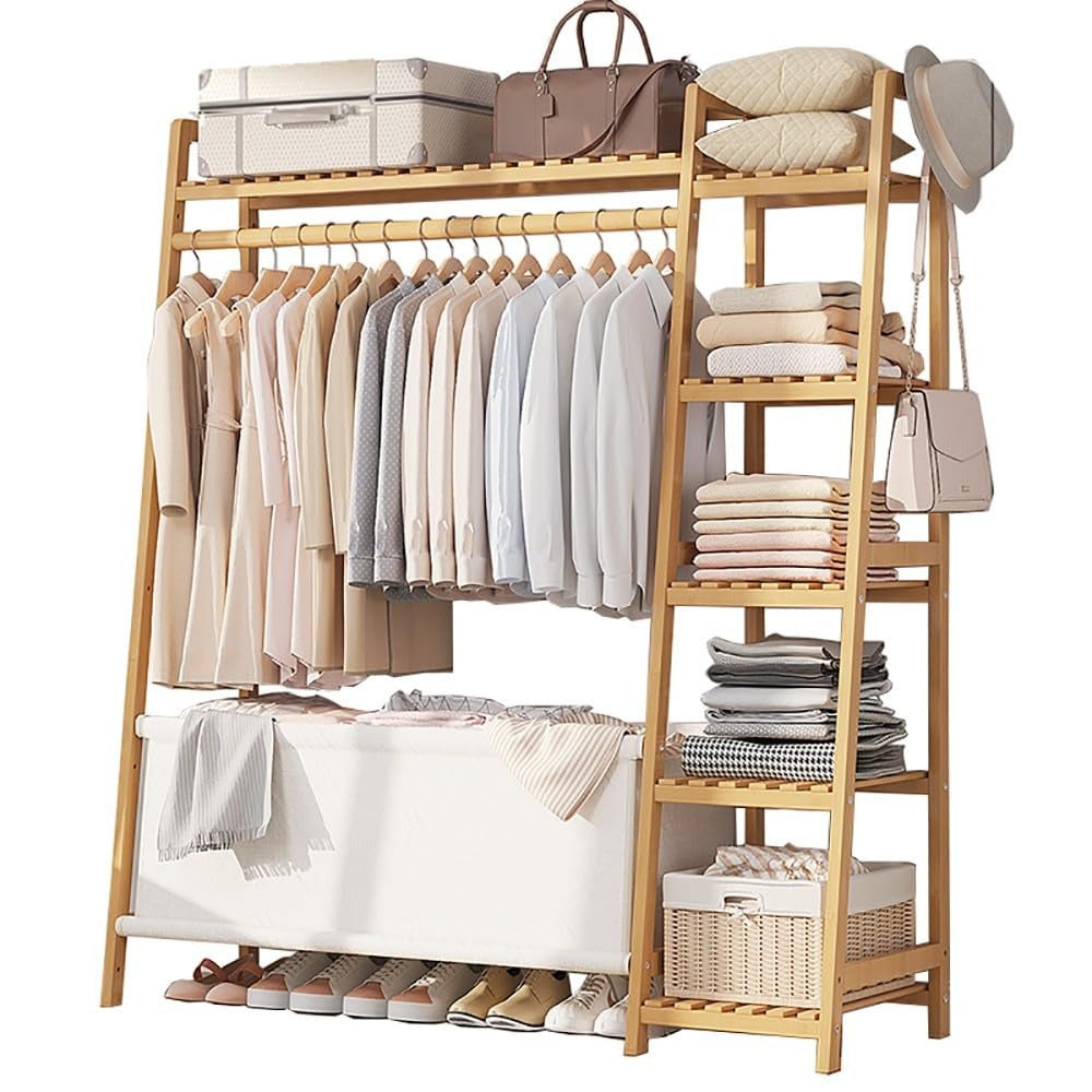 Freestanding Bamboo Clothes Rack with Storage Bag and Adjustable Shelves detail image - detail view 19