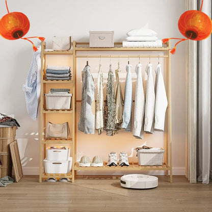 Freestanding Bamboo Clothes Rack with Storage Bag and Adjustable Shelves detail image - detail view 46
