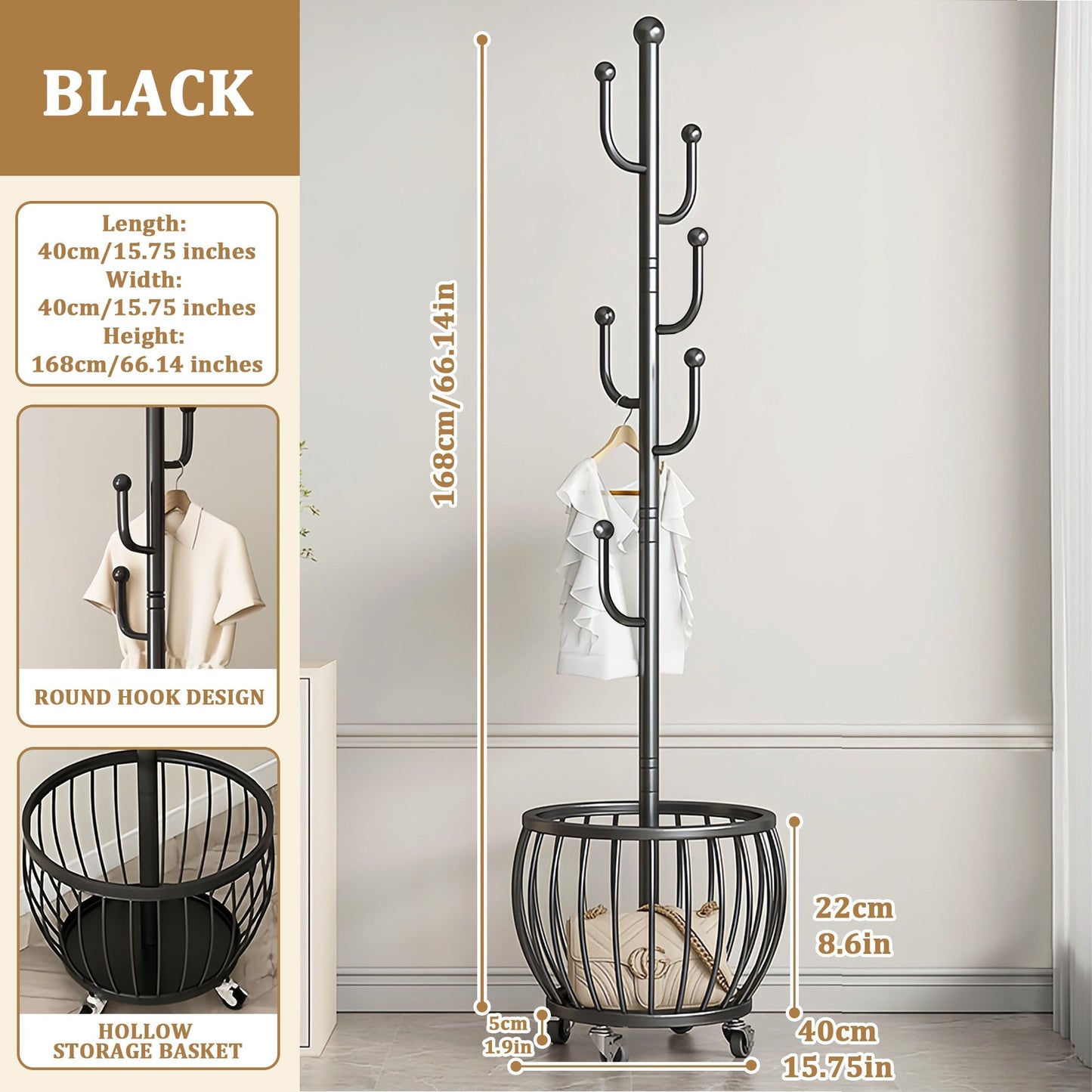 Freestanding Coat Rack with Locking Wheels for Organized Everyday Storage in Entryway detail image - detail view 12