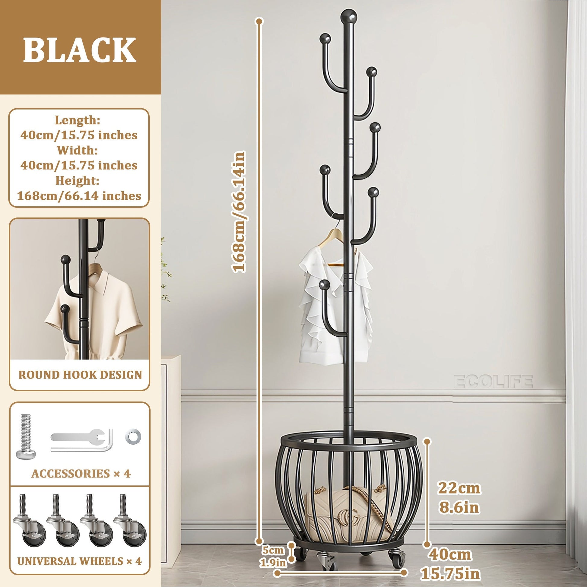 Freestanding Coat Rack with Locking Wheels for Organized Everyday Storage in Entryway detail image - detail view 13