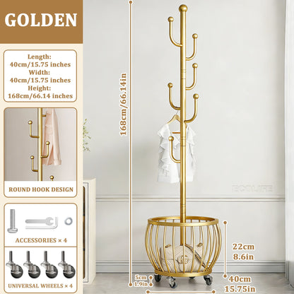 Coat Rack shown in the Golden - Storage Basket option