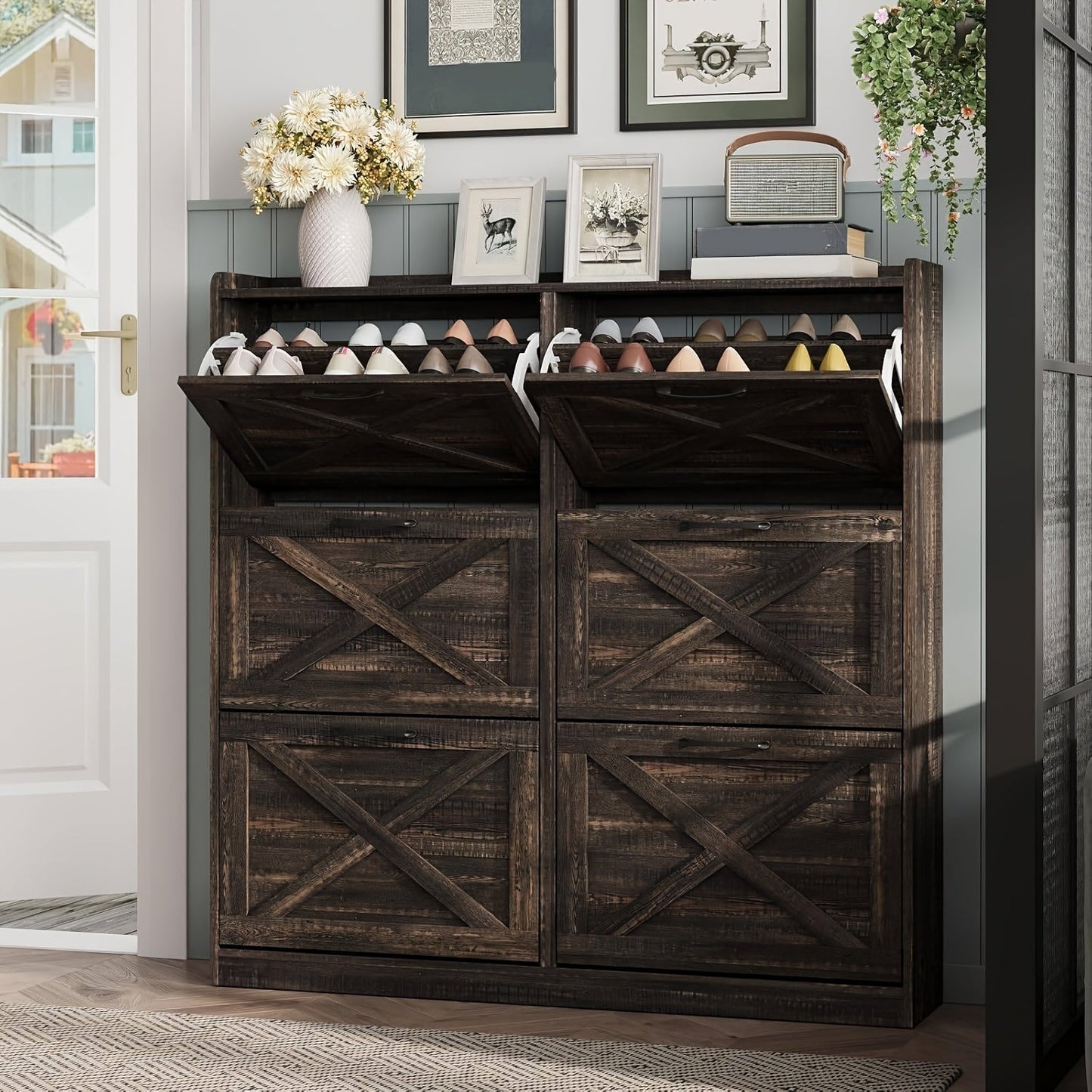 Shoe Cabinet shown in the Dark Rustic Oak, 6-Drawers option