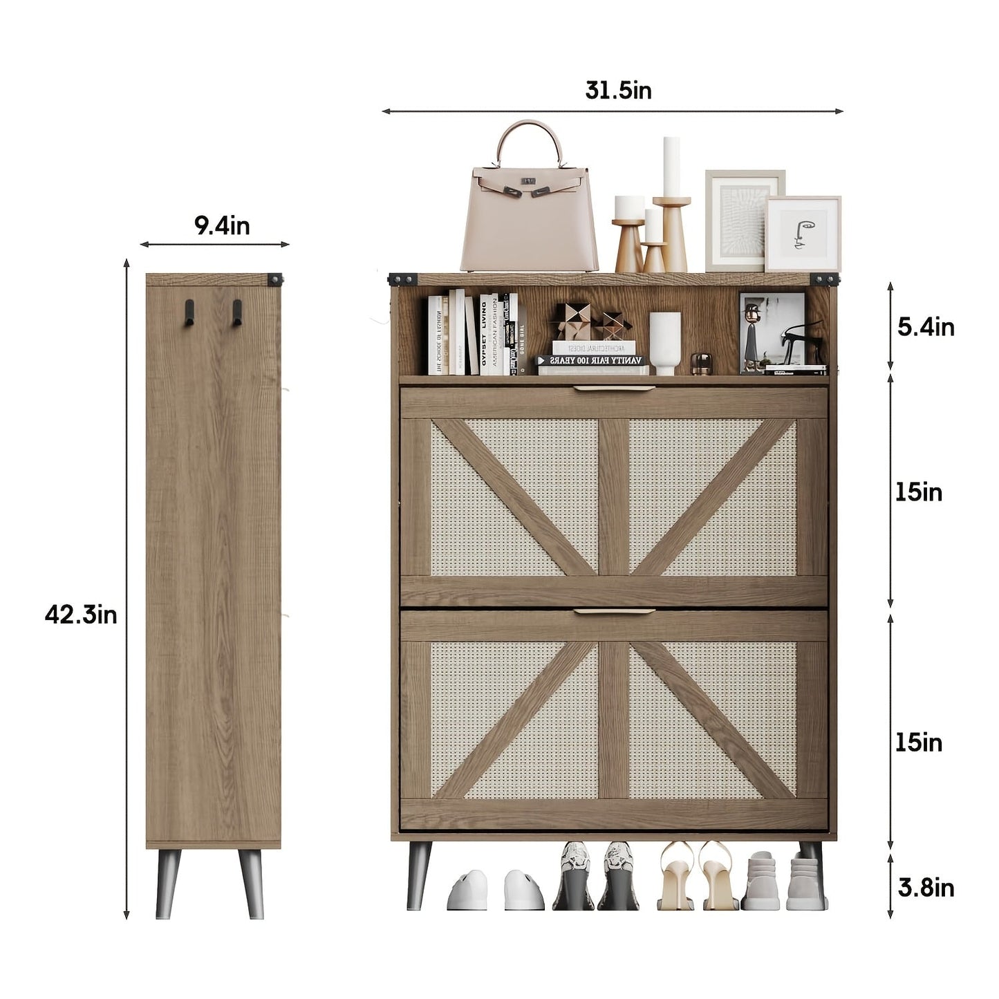 Shoe Cabinet shown in the Rustic Oak Rattan 2-Drawer, 6-Drawers option