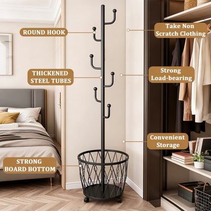 Freestanding Rolling Coat Rack with Locking Wheels, Entryway Hall Tree detail image - detail view 3