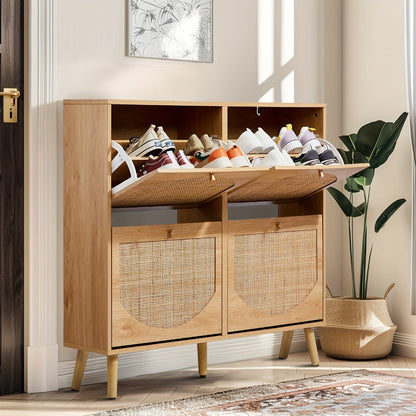 Shoe Storage Cabinet, Flip Door with Rattan Detachable Shelves, Freestanding Entryway shown in the main product view