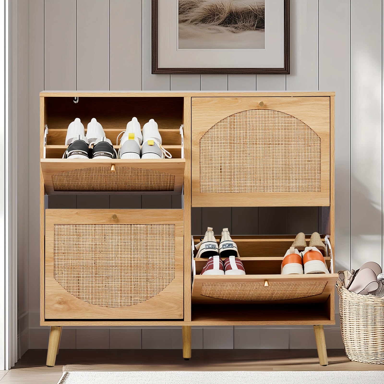 Shoe Storage Cabinet shown in the Natural wood 4-Door option
