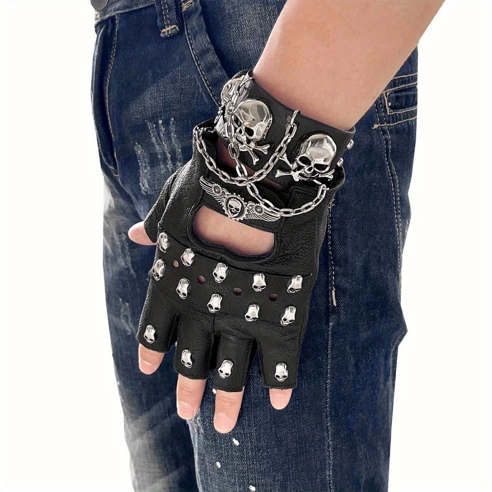 Gloves - Fingerless Leather Gothic Skull Punk Motorcycle with Metal Chain Bracelet - product detail view 7