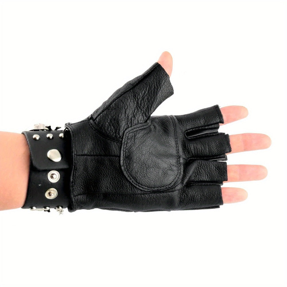 Gloves - Fingerless Leather Gothic Skull Punk Motorcycle with Metal Chain Bracelet - product detail view 8